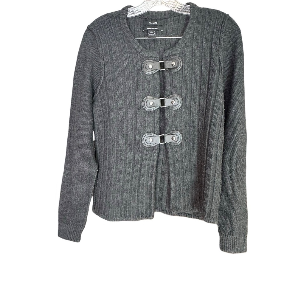 Tahari Women's Merino Wool Long Sleeve Sweater Charcoal Gray Size L